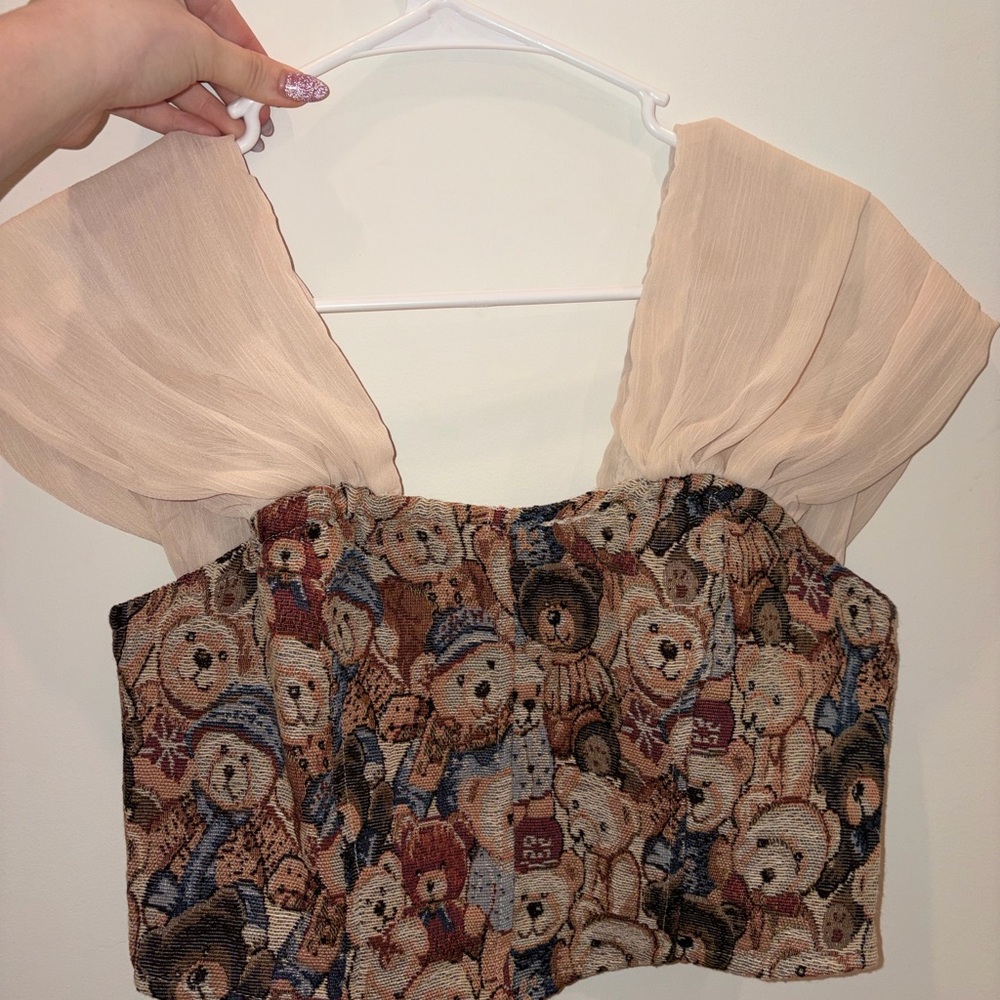 SHEIN Beige and Brown Bear Print Blouse
